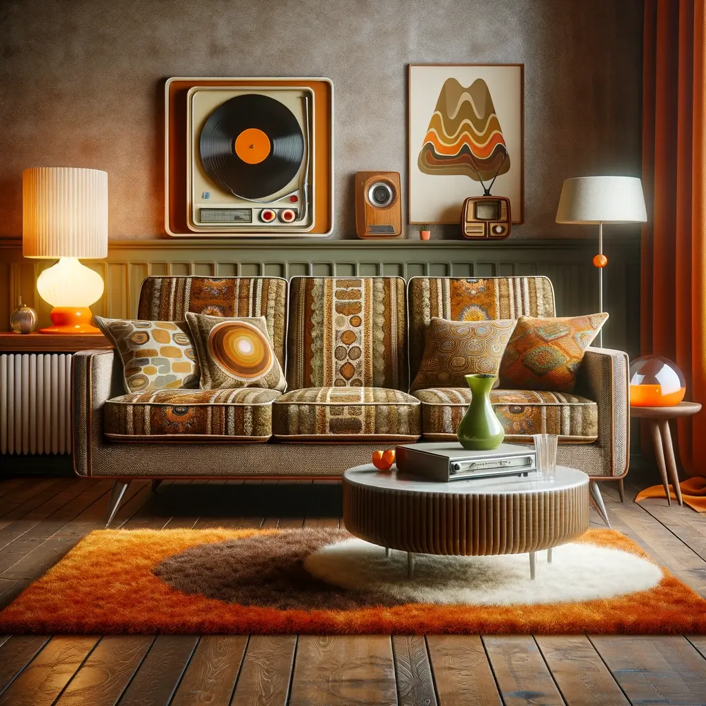 DALL·E 2023-11-29 15.31.06 - A retro-style couch inside a retro-decorated living room. The couch should have a distinct retro design, possibly with patterns and colors typical of