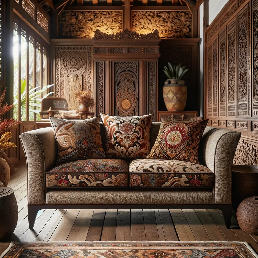 sofa featuring local batik and indonesian heritage design inside traditional home