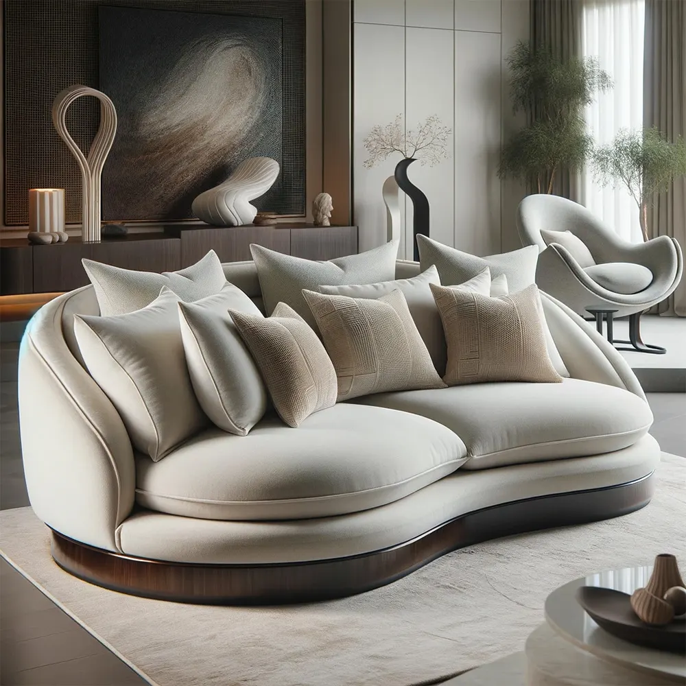 dirty white modern contemporary elegant sofa with a half moon shaped