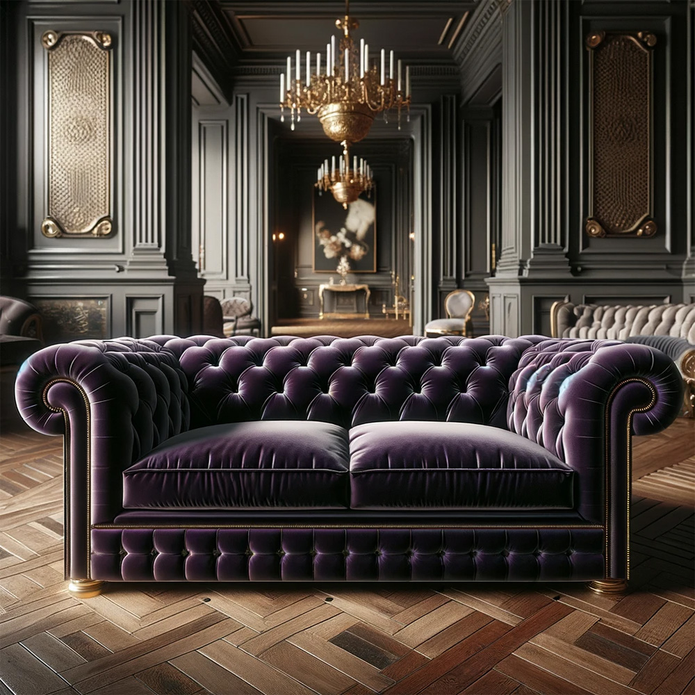 elegant regal purple sofa with chesterfield details