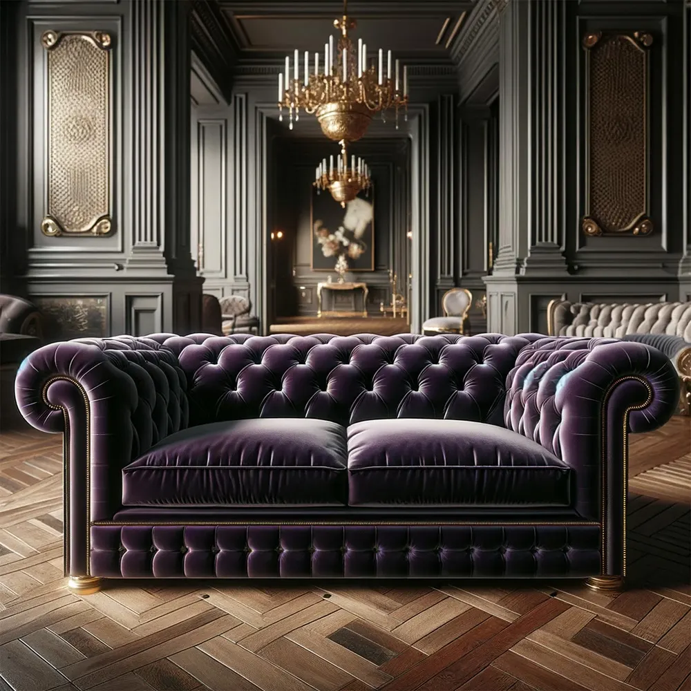 elegant regal purple sofa with chesterfield details