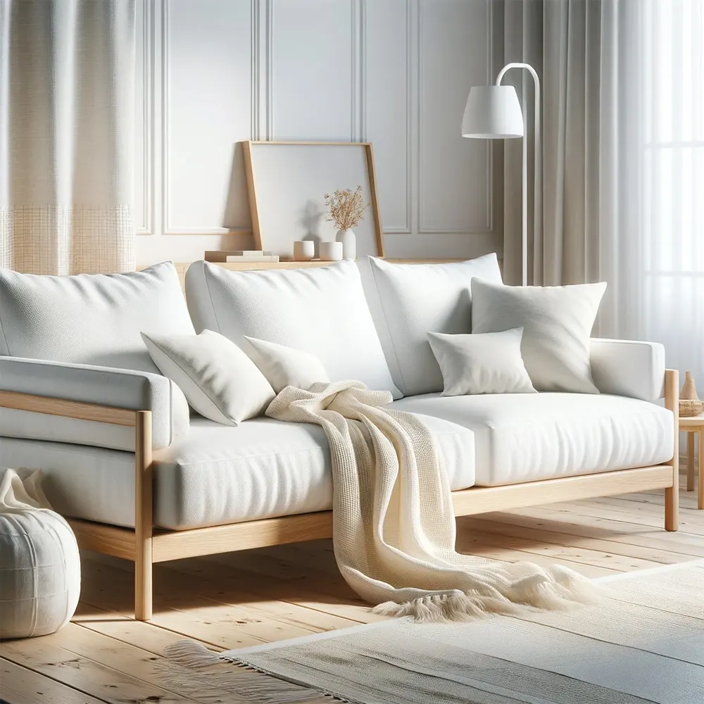 white modern scandinavian sofa with solid wood frame
