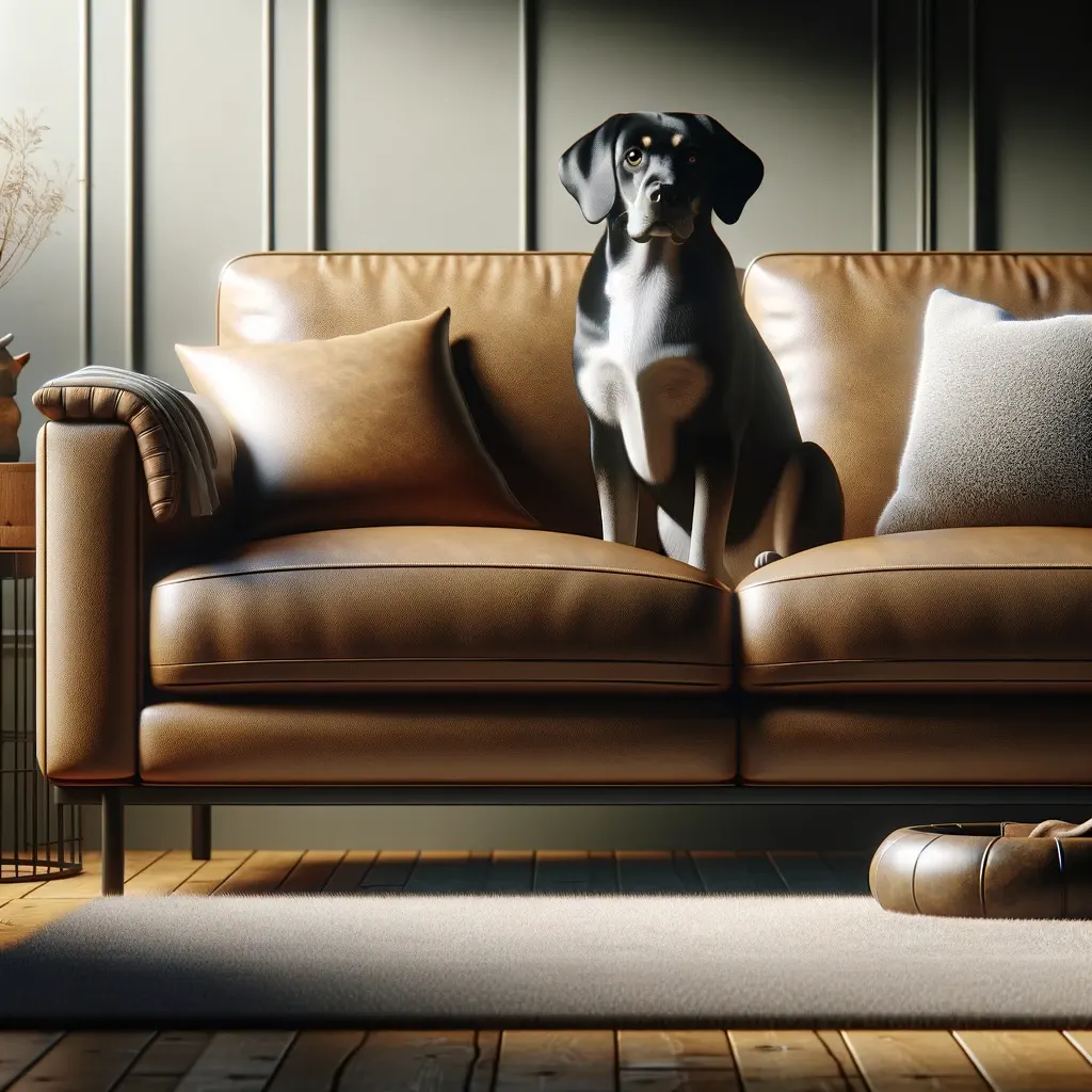 DALL·E 2023-12-20 14.11.52 - A pet-friendly leather sofa, designed to be both stylish and practical for homes with pets. The sofa should feature high-quality leather that is both